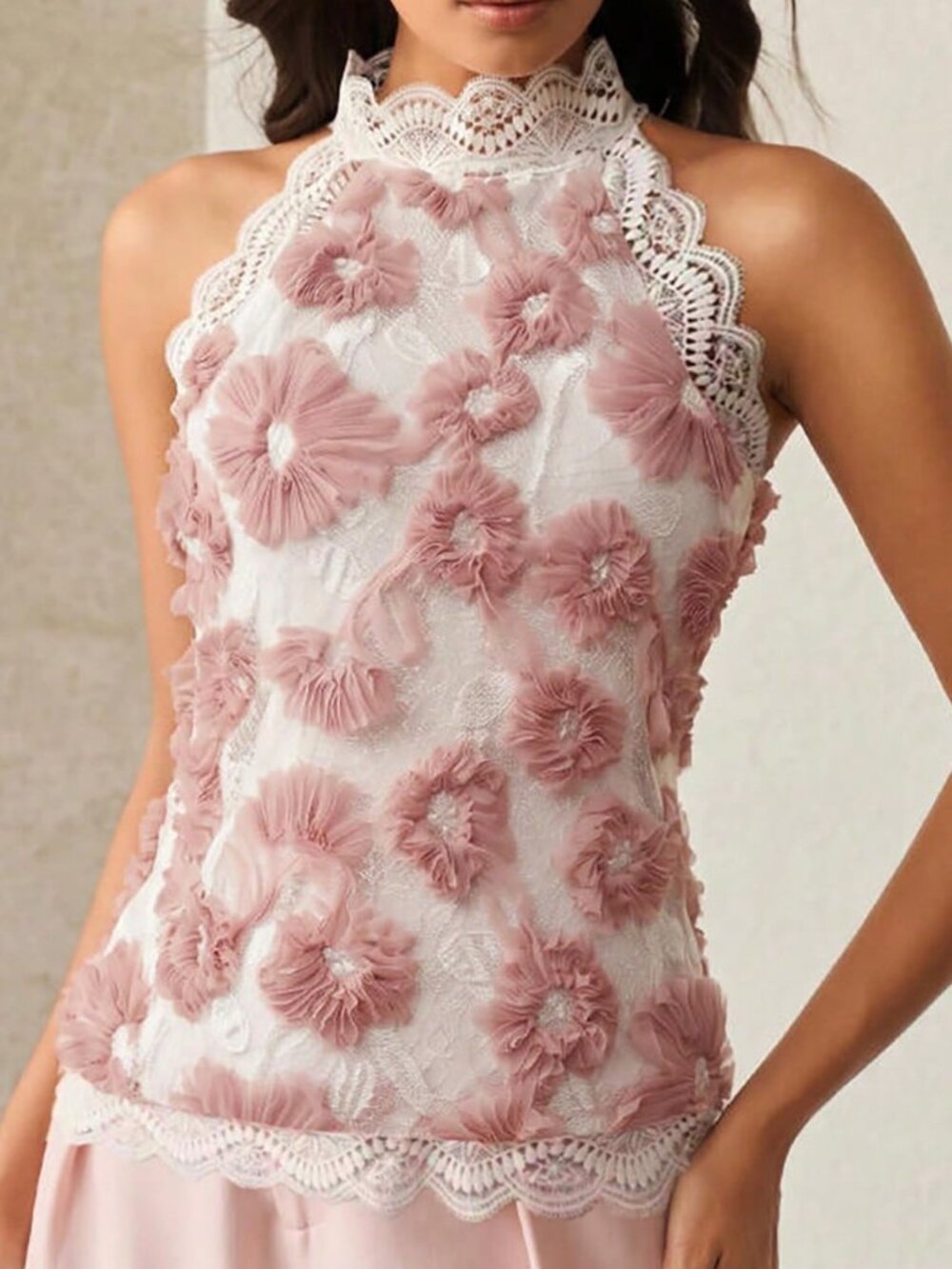 Pink Elegant Women's Heavy-Duty Stand Collar Textured Floral Lace Patchwork Top